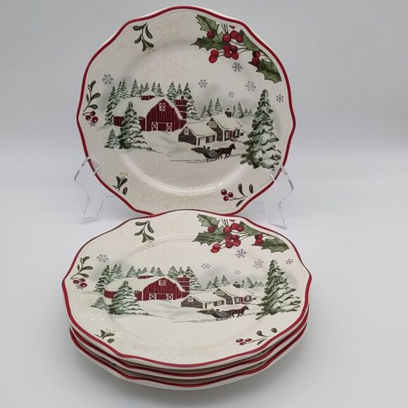 4 BARN SLEIGH Winter Forest by Better Homes 8.5" Salad Plate Heritage Collection - Picture 1 of 5